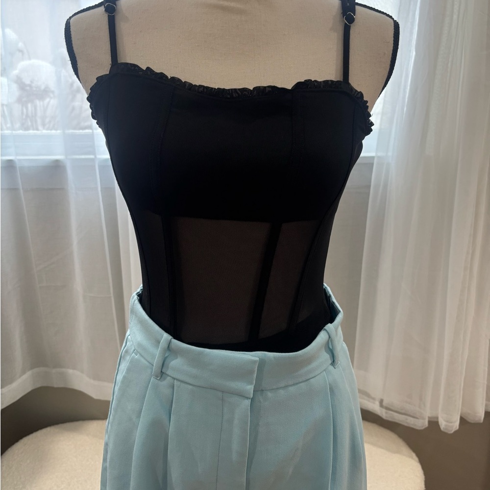 Forever 21 Black Bodysuit with Light Blue Trousers